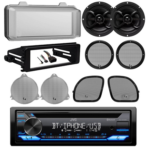 JVC KD-TD72BT Single DIN Bluetooth USB/AUX AM/FM Stereo CD Player Car Audio Receiver W/Install Kit & Cover, 2x 6.5" 240W Max Waterproof Speakers (Fits Select 1998-2013 Harley Davidson Motorcycles)