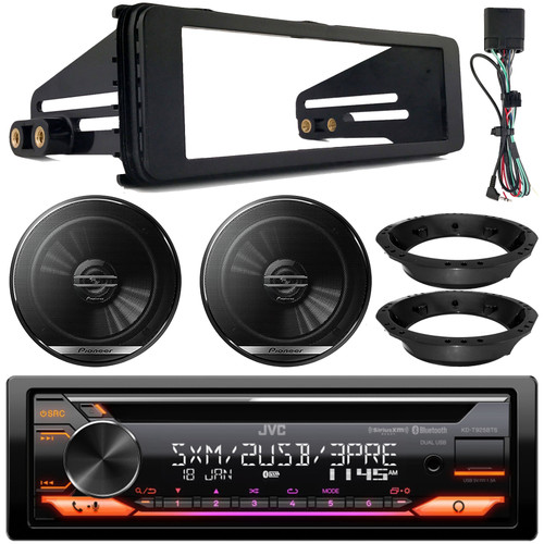 JVC KD-T925BTS Single DIN Bluetooth USB/AUX CD Player LED AM/FM Radio Stereo Receiver W/Install Kit, 2x 6.5" 300W Max Coaxial 2-Way Speakers W/Adapters (Fits 1998-2013 Harley Davidson Motorcycles)