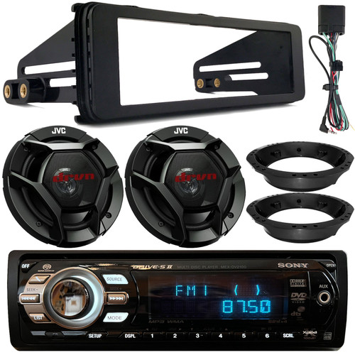 Sony MEX-DV2100 Single DIN FM Radio Stereo MP3 CD Player Receiver, 2x 6.5" 300W Automovite Speakers, Stereo Install Kit, Speaker Adapters (Fits Select 98-13 Harley Davidson Touring Motorcycles)