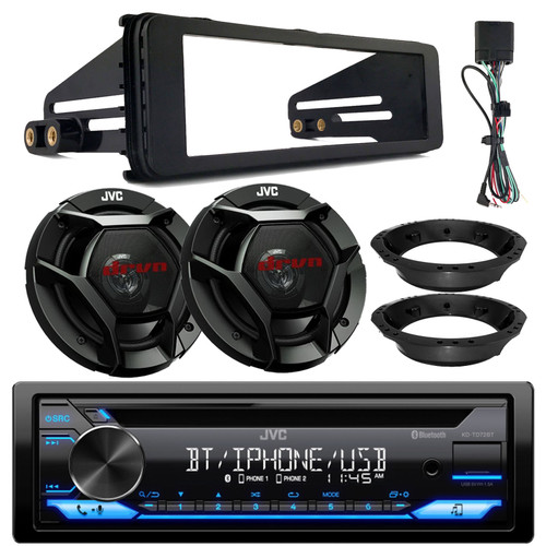 JVC KD-TD72BT Single DIN Bluetooth USB AUX AM/FM CD Stereo Receiver, 6.5" 300W 2-Way Speakers (Pair), Stereo Install Kit, Speaker Adapters (Fits Select 1998-2013 Harley Davidson Touring Motorcycles)