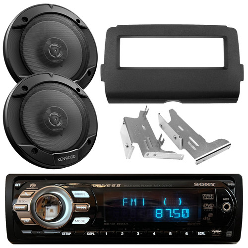 Sony MEX-DV2100 Single DIN FM Radio Stereo MP3 CD Player Receiver Bundle Combo with 2x 6.5" 300W Max Power Speakers, Stereo Installation Kit (Fits Select 2014-UP Harley-Davidson Bat Wing Fairing)