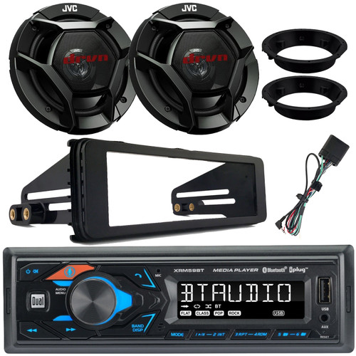 Dual XRM59BT Single DIN Bluetooth USB/AUX AM/FM Radio Digital Media Receiver W/Install Kit, 2x 6.5" 300W Max Power 2-Way Coaxial Speakers w/Speaker Adapters (1998-2013 Harley Davidson Motorcycles)