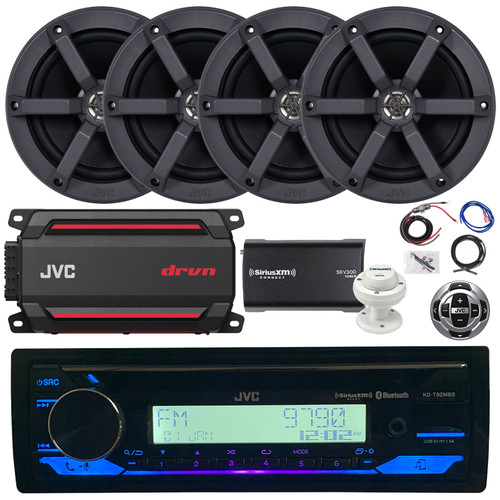 JVC KD-T92MBS Single DIN Bluetooth USB AUX AM/FM CD Player Receiver with Wired Remote, 4x 6.5" 100 Watt 2-Way Black Coaxial Audio Speakers,  4-Channel Amplifier, Satellite Radio Bundle, Wiring Kit