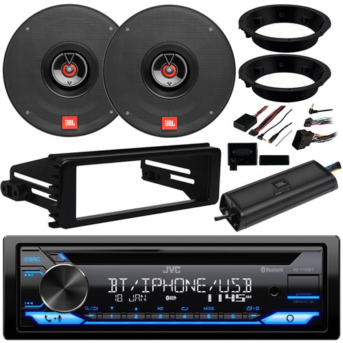 JVC KD-T720BT Single DIN AM/FM Stereo USB AUX Bluetooth CD Player Car Audio Receiver, 2x JBL 6.5" 180 Watt 2-Way Coaxial Speakers with Adapters, 4-Channel Class D Amp, Harley 98-2013 Install Kit