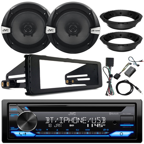 JVC KD-T720BT Single DIN Stereo USB AUX Bluetooth CD Player Car Audio Receiver, 2x JVC 6.5" 2-Way Speakers, Dash Install Kit, Speaker Adapters, Thumb Control, Antenna, Harley Handle Bar Controls
