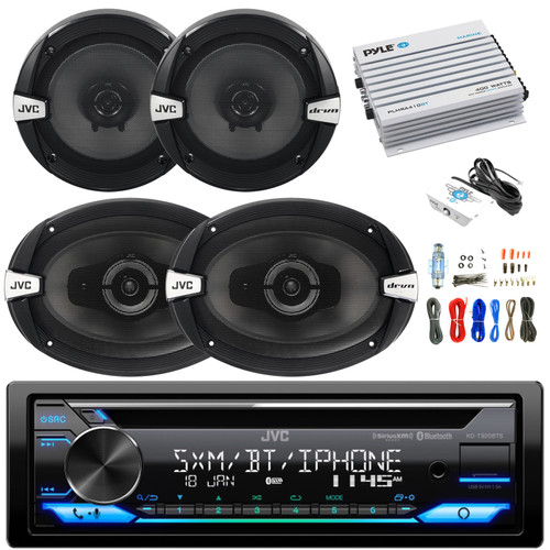 JVC KD-T920BTS Single DIN Stereo USB AUX CD Player Bluetooth Car Audio Receiver, 2x JVC CSDR162 300W Peak 6.5" 2-Way Speakers, 2x JVC CS-DR693 6x9" 3-Way Speakers, 4-Channel 400W Amp w/ Wiring Kit