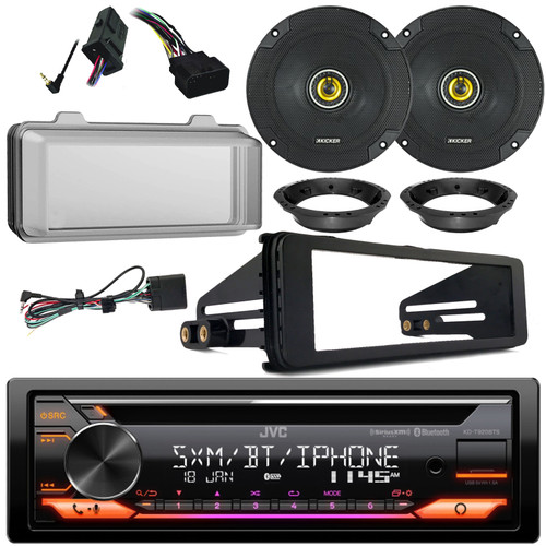 JVC KD-T920BTS Single DIN AM/FM/AUX CD Stereo Bluetooth Receiver, Kicker 6.5" 300 Watt 2-Way Speakers (Pair) w/Adapters, Cover, Dash Install Kit, HandleBar Control Kit (98-2013 Harley Motorcycles)
