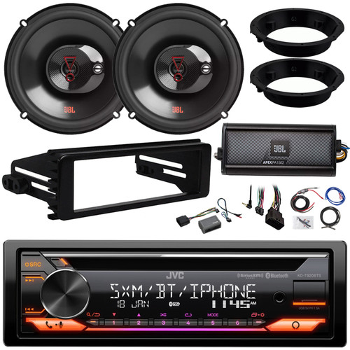 JVC KD-T920BTS Single DIN AM/FM Radio Stereo USB AUX CD Player Bluetooth Car Audio Receiver, 2x JBL Stage3 627F 6.5" 225W Speakers, 2-Channel Amp, Dash Adapter Kit, Steering Control, Amp Wiring Kit