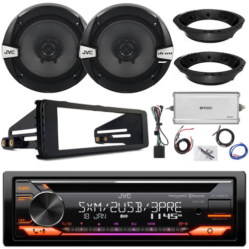 JVC KD-T925BTS Single DIN Bluetooth CD Player USB AUX Stereo SiriusXM Car Audio Receiver, JVC CS-DR162 6.5" 300W 2-Way Car Speakers, Speaker Adaptors, 4-Channel Amplifier, 8GA Amplifier Wiring Kit