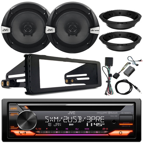 JVC KD-T925BTS Single DIN Bluetooth CD Player USB AUX Stereo Car Audio Receiver, 2x JVC 6.5" 2-Way Speakers, Dash Install Kit, Speaker Adapters, Thumb Control , Antenna, Harley Handle Bar Controls