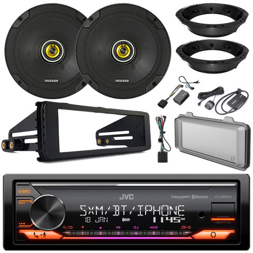 JVC KD-X380BTS Single DIN Bluetooth USB AUX AM/FM Radio Stereo LED SiriusXM Car Audio Receiver, 6.75" 300W Speakers, SiriusXM Satellite Radio Tuner Kit, Enrock Harley Single-DIN Stereo Install Kit