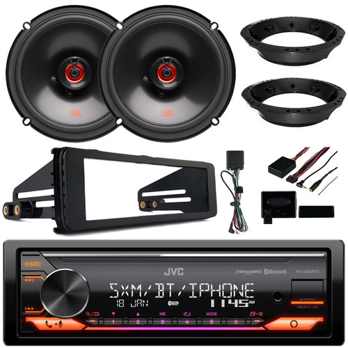 JVC KD-X380BTS Single DIN Bluetooth USB AUX AM/FM Stereo LED Illumination SiriusXM Ready Amazon Alexa Car Audio Receiver, JBL 6.5" 165-Watts Coaxial Speaker Set, Harley Install FLHTC Adapter Kit