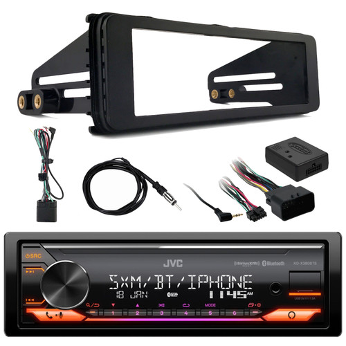 JVC KD-X380BTS Single DIN Bluetooth USB AUX AM/FM Radio Stereo LED SiriusXM Ready Car Audio Receiver, Harley Davidson Single-DIN Stereo Install Kit, 40" Wired Antenna, Handle Bar Control Interface