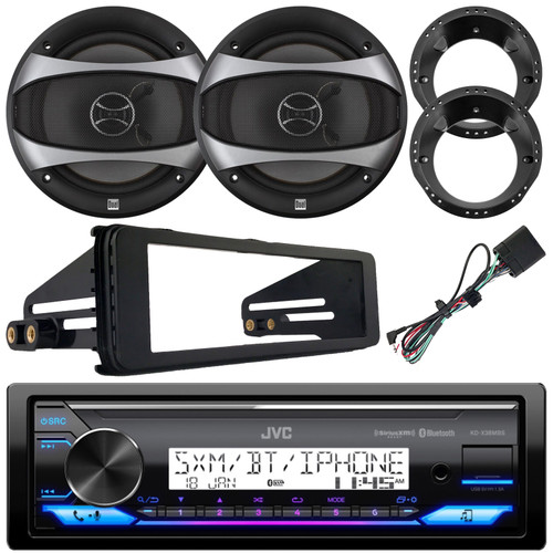 JVC KD-X38MBS Single DIN Marine Bluetooth USB/AUX LED AM/FM Radio SiriusXM Ready Stereo Receiver w/Install Kit, 2x 6.5" 100W Max 2-Way Speakers w/Adapters (Fits 1998-2013 Harley Davidson Motorcycles)
