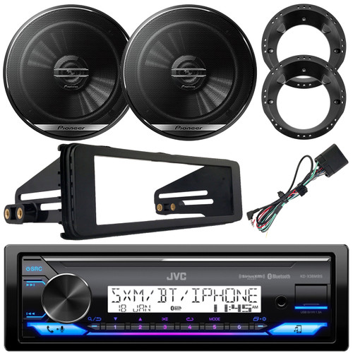 JVC KD-X38MBS Single DIN Marine MotorSports Bluetooth USB/AUX AM/FM Radio SiriusXM Ready Stereo Receiver w/Install Kit, 2x 6.5" 300W Max 2-Way Speakers w/Adapters (Fits 1998-2013 Harley Davidson)