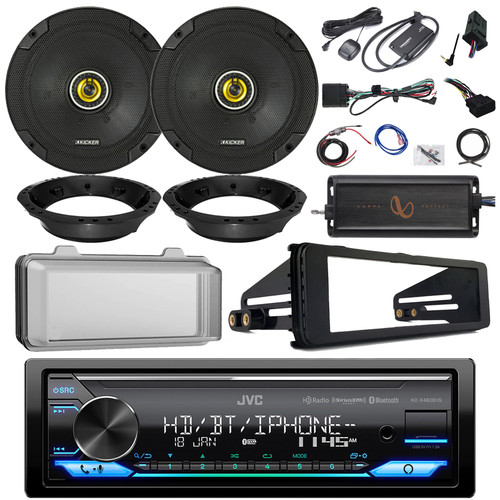 JVC KD-X480BHS Single DIN Bluetooth USB/AUX AM/FM Stereo Receiver w/Install Kit + Radio Cover, 2x 6.75" 300W Speakers w/Adapter, 2-Channel Amplifier w/Kit, SiriusXM Tuner, Handlebar Control Interface