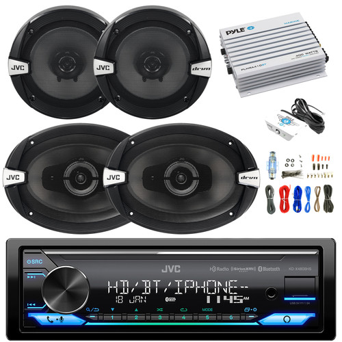 JVC KD-X480BHS Single DIN Bluetooth USB AUX LED Stereo LED Car Audio Receiver, 2x JVC CSDR162 300W Peak 6.5" 2-Way Speakers, 2x JVC CS-DR693 6x9" 3-Way Speakers, 4-Channel 400W Amp w/ Wiring Kit