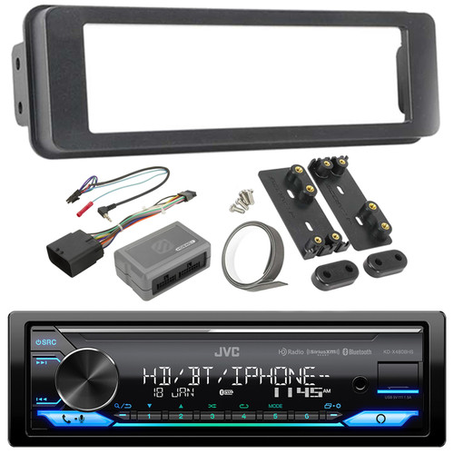JVC KD-X480BHS Single DIN Bluetooth USB AUX LED AM/FM Stereo SiriusXM LED Car Audio Receiver, Dash Install Kit for Radio + Handle Bar Control Module Fits 1998 2013 Harley Touring Motorcycle Bikes