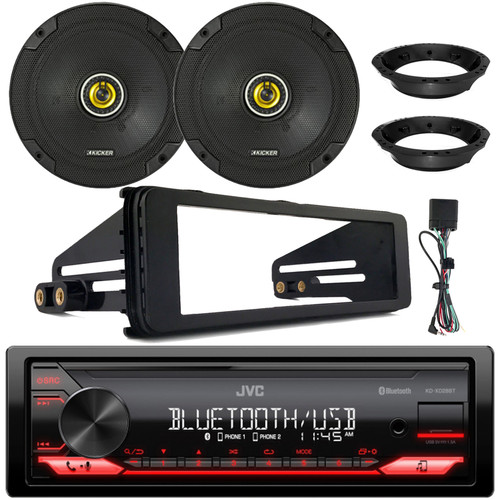 JVC KD-XD28BT Single DIN USB Bluetooth AM/FM Digital Media Stereo Receiver, 6.5" 300 Watt Max 2-Way Car Audio Speakers (Pair) w/Harley 98-2013 Radio Install Dash Kit and Speaker Mounting Ring Adapters