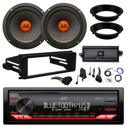 JVC KD-XD280BT Single DIN AM/FM Stereo USB AUX Bluetooth Receiver, 2x 6.5" 300W Speakers w/Adapter, 4-Channel Amplifier w/Kit, Handlebar Control Kit, Stereo Install Kit for 98-13 Harley Motorcycles