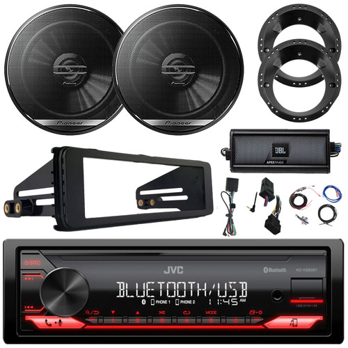 JVC KD-X280BT Single Din Bluetooth USB/AUX AM/FM Digital Media In-Dash Stereo Receiver w/Install Kit, 2x 6.5" 300W Max 2-Way Speakers w/Adapters, 4-Channel Amplifier w/Kit, Handlebar Control Interface