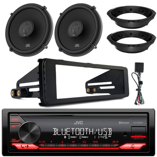 JVC KD-XD28BT Single DIN AM/FM Stereo USB AUX Bluetooth Digital Media Receiver, 2x JBL 6.5" Speakers with Adapters, FLHX FLHTC Install Harley Dash Kit
