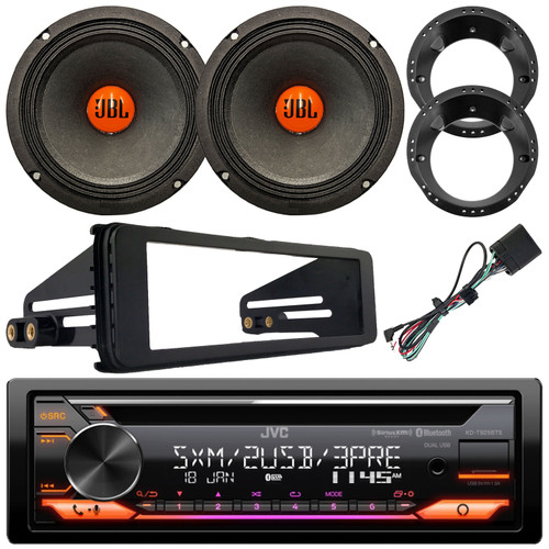 JVC KD-T925BTS Single DIN Bluetooth USB/AUX CD Player AM/FM SiriusXM Ready Amazon Alexa Stereo Receiver W/Install Kit, 2x 6.5" 300W Max Midrange Speakers W/Adapters (Fits 1998-2013 Harley Davidson)