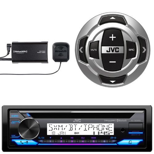 JVC KD-T92MBS Single DIN Marine MotorSports Bluetooth USB/AUX CD Player AM/FM Radio Stereo Receiver w/Boat Wired Remote, Satellite Radio Connect Vehicle Tuner Kit for Satellite Radio