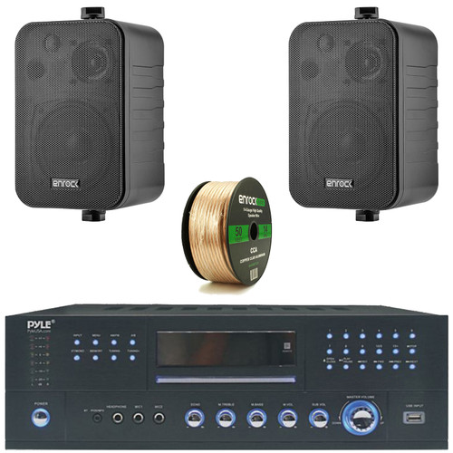 Pyle PD3000BA 3000W Bluetooth USB MP3 Player AM/FM Radio Home Theater Pre-Amplifier Receiver, 2x Enrock EKMR408B 4" 30 Watt Max Power 3-Way Indoor/Outdoor Black Speakers, 50 Feet 14 Gauge Speaker Wire