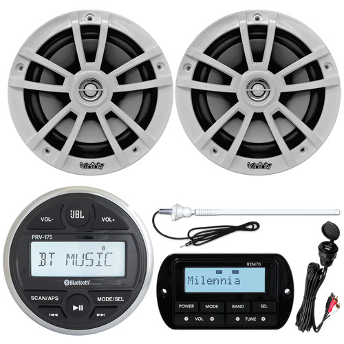 JBL PRV175 Bluetooth USB Marine Gauge Style Stereo Receiver, 2X 6.5" 225W White Speaker, Milennia REM70 Wired Remote, USB/AUX Mount , White Long Range Marine Antenna
