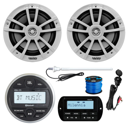 JBL PRV175 Bluetooth USB Marine Gauge Style Stereo Receiver, 2X 6.5" 225W White Speaker, USB/AUX Mount , Milennia REM70 Wired Remote, White Long Range Marine Antenna, 50FT 16 gauge wire