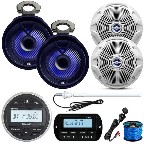 JBL PRV175 Bluetooth Marine Gauge Stereo Receiver, 2X 6.5" 180W White Marine Speaker, 8" 450W Black Marine LED Speakers (Pair), Wired Remote, USB/AUX Mount, Marine Antenna, 50FT 16 gauge wire