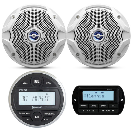 JBL PRV175 Bluetooth USB Marine Gauge Style Stereo Receiver, 2X 6.5" 180W White Marine Speaker, Milennia REM70 Wired Remote