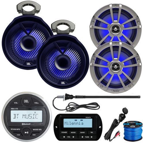 JBL PRV175 Bluetooth USB Marine Gauge Stereo Receiver, 2X 6.5" 225W Titanium Marine LED Speaker, 8" 450W Black Marine LED Speakers (Pair), Wired Remote, USB/AUX Mount, Antenna, 50FT wire