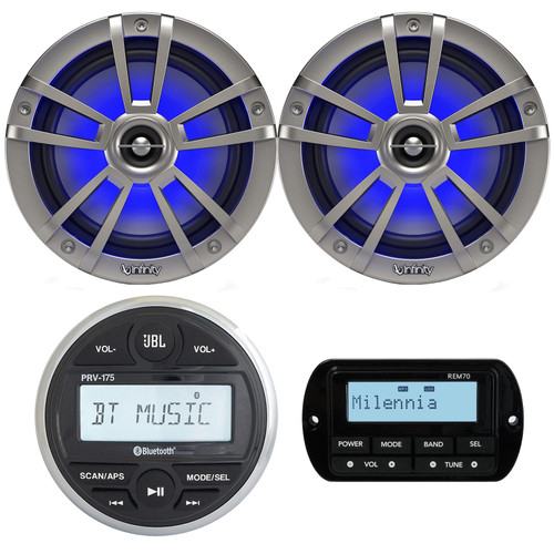 JBL PRV175 Bluetooth USB Marine Gauge Style Stereo Receiver, 2X 6.5" Coaxial 225W Titanium Marine LED Speaker, Milennia REM70 Wired Remote