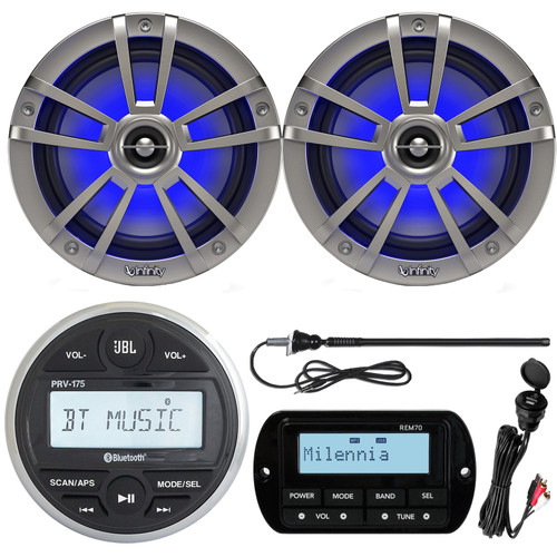 JBL PRV175 Bluetooth USB Marine Gauge Style Stereo Receiver, 2X 6.5" 225W Titanium Marine LED Speaker, Milennia REM70 Wired Remote, USB/AUX Mount , Black Long Range Marine Antenna