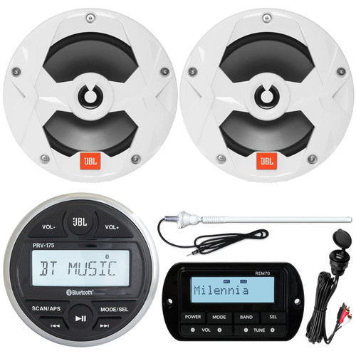 JBL PRV175 Bluetooth USB Marine Gauge Style Stereo Receiver, 2X 6.5" 225W Marine White Speaker, Milennia REM70 Wired Remote, USB/AUX Mount , White Long Range Marine Antenna