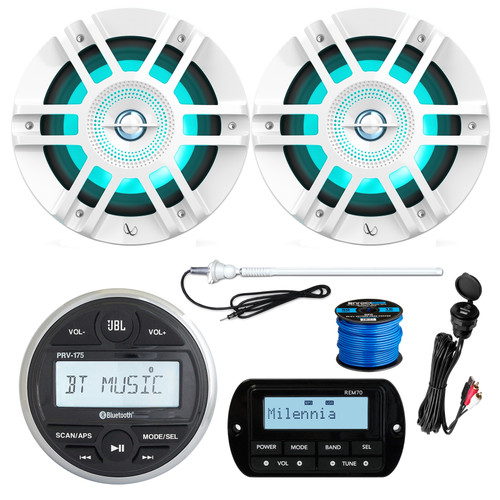 JBL PRV175 Bluetooth USB Marine Gauge Style Stereo Receiver, 2X 6.5" 300W White Marine LED Speakers, USB/AUX Mount , Wired Remote, White Marine Antenna, 50FT 16 gauge wire