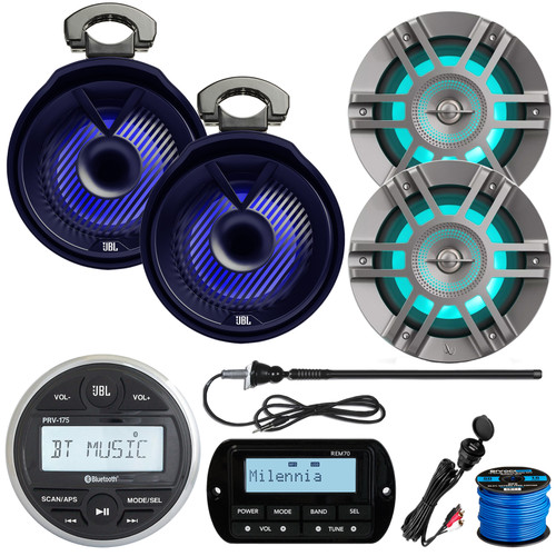JBL PRV175 Bluetooth USB Marine Gauge Stereo Receiver, 2X 6.5" 300W Titanium Marine LED Speakers, 8" 450W Black Marine LED Speakers (Pair), Remote, USB/AUX Mount, Antenna, Wire