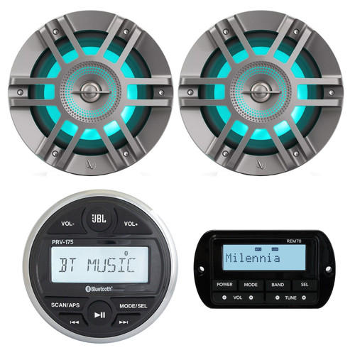 JBL PRV175 Bluetooth USB Marine Gauge Style Stereo Receiver, 2X 6.5" 2-Way Coaxial 300W Titanium Marine LED Speakers, Milennia REM70 Wired Remote