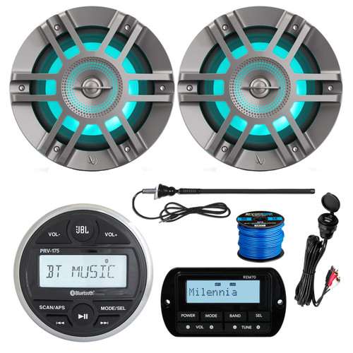 JBL PRV175 Bluetooth USB Marine Gauge Style Stereo Receiver, 2X 6.5" 300W Titanium Marine LED Speaker, USB/AUX Mount , Wired Remote, Black Long Range Marine Antenna, 50FT 16 gauge wire