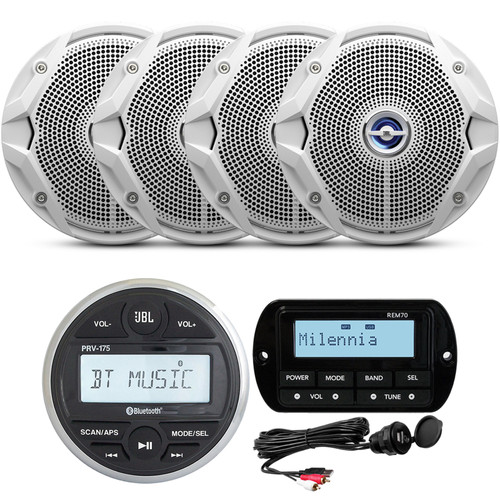 JBL PRV175 Bluetooth USB Marine Gauge Style Stereo Receiver, 4X 6.5" 180W White Marine Speaker, USB/AUX Mount , Milennia REM70 Wired Remote