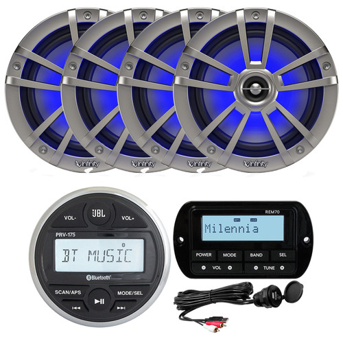 JBL PRV175 Bluetooth USB Marine Gauge Style Stereo Receiver, 4X 6.5" Coaxial 225W Titanium Marine LED Speaker, USB/AUX Mount , Milennia REM70 Wired Remote