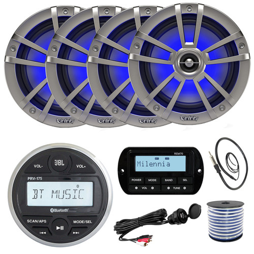 JBL PRV175 Bluetooth USB Marine Gauge Style Stereo Receiver, 4X 6.5" Coaxial 225W Titanium Marine LED Speaker, USB/AUX Mount, Wired Remote, Marine Wired 22" Black Antenna, 50FT 18 gauge wire