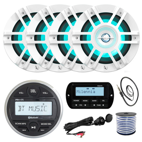 JBL PRV175 Bluetooth USB Marine Gauge Style Stereo Receiver, 4X 6.5" 300W White Marine LED Speakers, USB/AUX Mount, Wired Remote, Marine Wired 22" Black Antenna, 50FT 18 gauge wire