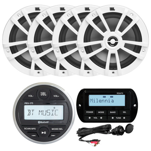 JBL PRV175 Bluetooth USB Marine Gauge Style Stereo Receiver, 4X 6.5" 180W 2-Way Multi-Element White Speakers, USB/AUX Mount , Milennia REM70 Wired Remote