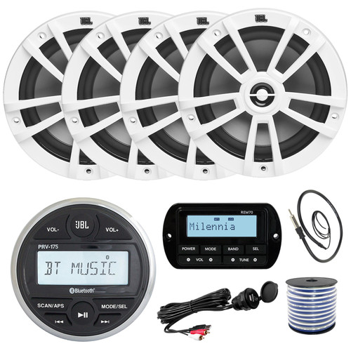 JBL PRV175 Bluetooth USB Marine Gauge Stereo Receiver, 4X 6.5" 180W White Speakers, USB/AUX Mount , Milennia REM70 Wired Remote, Marine Wired 22" Black Antenna, 50FT 18 gauge wire