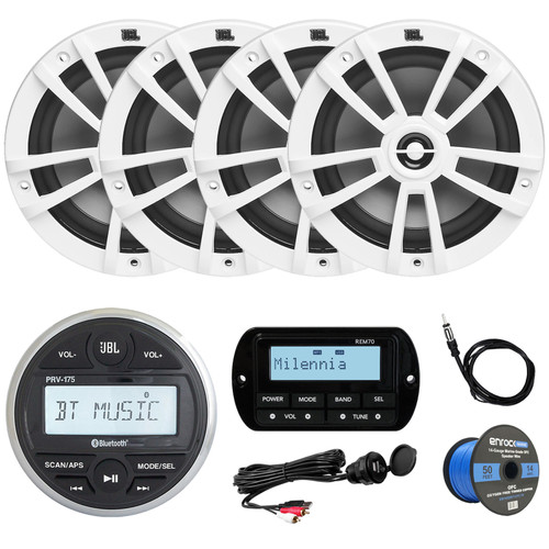 JBL PRV175 Bluetooth USB Marine Gauge Stereo Receiver, 4X 6.5" 180W White Speakers, USB/AUX Mount , Milennia REM70 Wired Remote, Marine Wired 22" Black Antenna, 50FT 14 gauge wire
