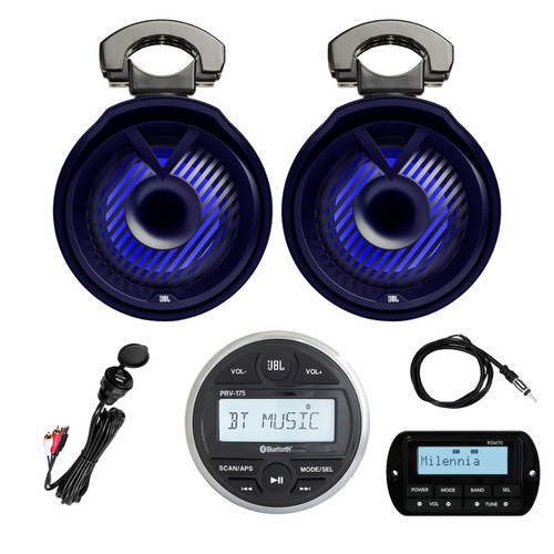 JBL PRV175 Bluetooth USB Marine Gauge Style Stereo Receiver, 8" 450W Black Marine LED Speakers (Pair), Milennia REM70 Wired Remote, Marine Wired 22" Black Antenna, USB/AUX Mount
