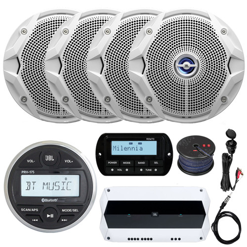 JBL PRV175 Bluetooth USB Marine Gauge Style Stereo Receiver, Wired Remote, 4x 6.5" 180W 2-Way White Marine Speaker, 1000W 4-Channel Marine Amplifier, USB/AUX Interface, 22" Antenna, Wire 16 gauge